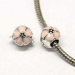 Perles européennes alliage émail fleur de style grand trou, argent antique, blush lavande, 10x11mm, Trou: 4mm