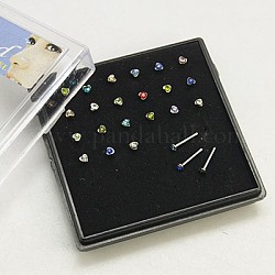 304 Stainless Steel Heart Nose Studs Nose Bone Rings, Nose Piercing Jewelry, with Grade A Rhinestones, Mixed Color, 10mm, Bar Length: 1/4