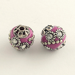 Round Handmade Rhinestone Indonesia Beads, with Antique Silver Plated Alloy Cores, Medium Violet Red, 15mm, Hole: 2.5mm