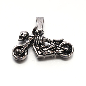Retro 304 Stainless Steel Human Skeleton with Motorcycle Pendants, Antique Silver, 19x36.5x11mm, Hole: 5x10mm