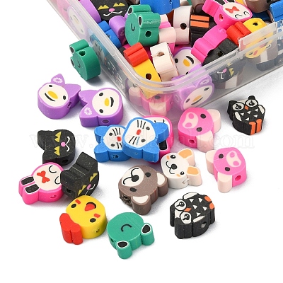 100Pcs 10 Style Handmade Polymer Clay Beads Set, Animal Head, Mixed Color,  8~11x9~11x4mm, Hole: 1.5mm, 10pcs/style