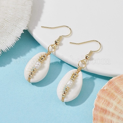Boucles D'oreilles Coquillage Blanches - Pendantes Avec Clous - Neuf Avec étiquettes
