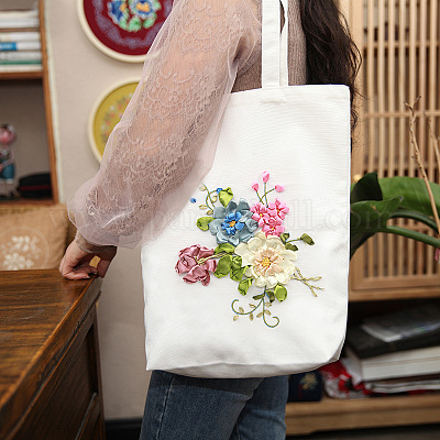 DIY Flower Embroidery Bag Kit for Beginners, Canvas Tote