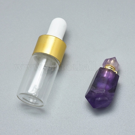 多面的な天然アメジスト開閉可能な香水瓶ペンダント  真鍮のパーツとガラスのエッセンシャルオイルのボトル  31~38x12~13mm  穴：0.8mm  ガラス瓶容量：3ml（0.101液量オンス）  宝石の容量：1ml（0.03液量オンス） G-E556-12F-1