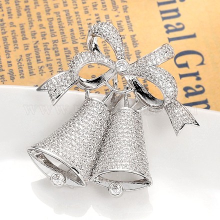 Jingling Bell Brass Micro Pave Clear Cubic Zirconia Safety Brooches JEWB-I007-01-1