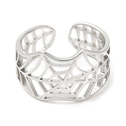 304 Stainless Steel Hollow Spider Web Open Cuff Ring for Women RJEW-M149-25P-1