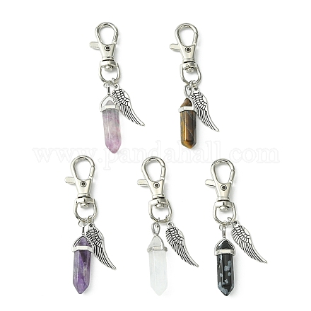Natural Gemstone Double Terminated Pointed Pendant Decorations with Alloy Wing Charm HJEW-JM01149-1