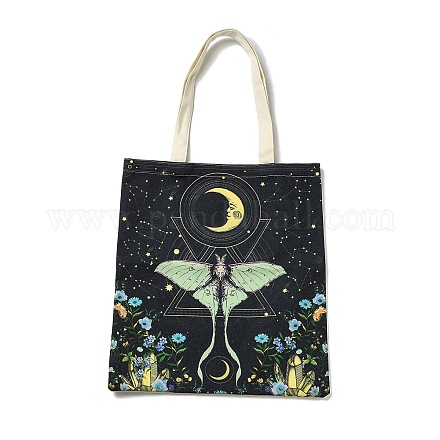 花と蝶と月のプリントキャンバスレディーストートバッグ  ハンドル付き  ショッピング用ショルダーバッグ  長方形  薄緑  60cm ABAG-C009-04D-1