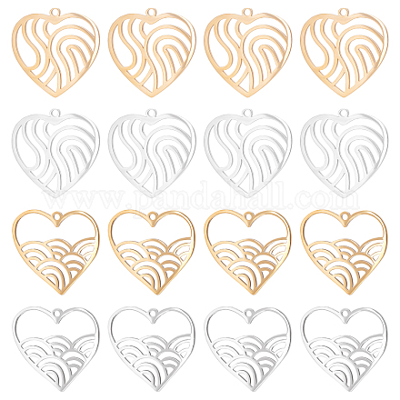 DICOSMETIC 16Pcs 4 Style Stainless Steel Ocean Wave in Heart Pendants Heart with Rainbow Pendant Heart Shape Hawaii Pendant Beach Wave Charm Ocean Lover Charm Filigree Charms for Jewelry Making STAS-DC0001-06-1