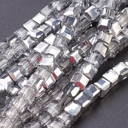 電気メッキガラスビーズセット  半分メッキ  多面カットキューブ  銀  4x4x4mm  穴：1mm  約100個/連  16.9インチ EGLA-D018-4x4mm-19-1