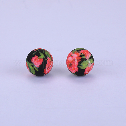 Rond imprimé avec perles focales en silicone à motif floral SI-JX0056A-164-1