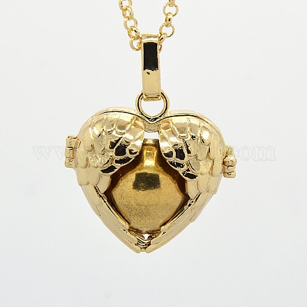Golden Tone Brass Pregnancy Chime Ball Heart Cage Pendant Necklaces NJEW-F053-06G-05-1