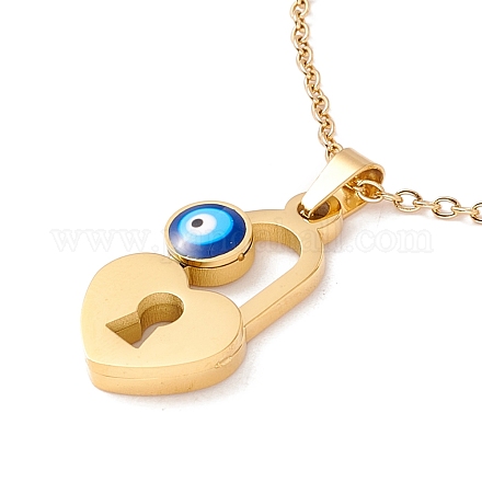 Ion Plating(IP) 304 Stainless Steel Heart Padlock with Evil Eye Pendant Necklace with Enamel for Women NJEW-P262-24G-1