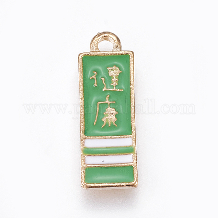 中国風の合金エナメルペンダント  漢字の長方形  ゴールドカラー  グリーン  19x6.5x1.5mm  穴：1.8mm ENAM-O035-12G-B-1