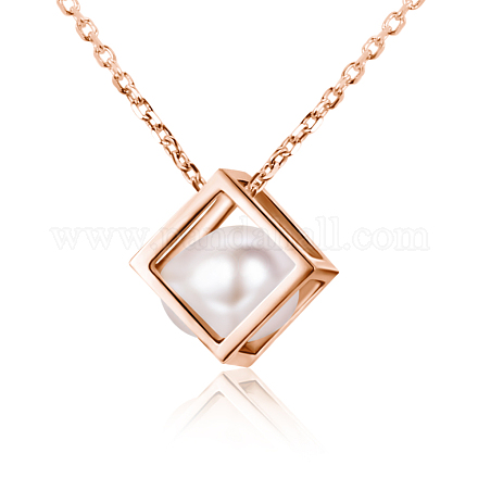 TINYSAND 925 Sterling Silver Cube Pearl Pendant Necklaces TS-N266-RG-1