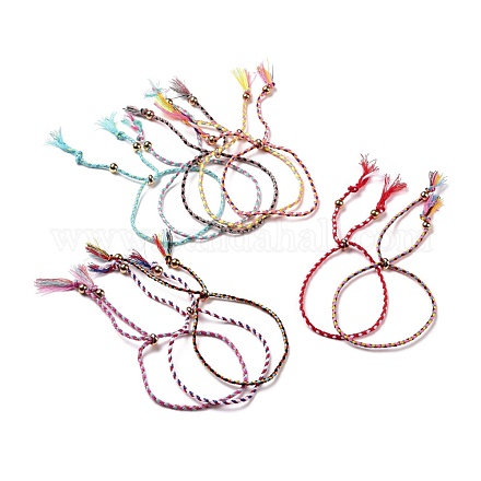 Плетеный браслет-слайдер из полиэстера с латунными бусинами BJEW-A099-01-1