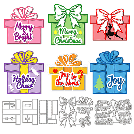 GLOBLELAND 5 Sets Christmas Box and Text Cutting Dies for DIY Scrapbooking Metal Christmas Celebration Bowknot Die Cuts Embossing Stencils Template for Paper Card Making Album Craft Decor DIY-WH0309-1215-1
