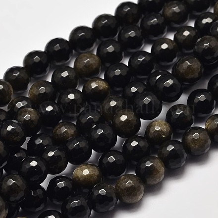 Faceted Round Natural Golden Sheen Obsidian Beads Strands G-I176-39-8mm-1