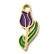 304 Stainless Steel Enamel Pendants, Ion Plating(IP), Flower Charm, Real 18K Gold Plated, Purple, 17.5x7x1.5mm, Hole: 2mm