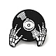レコードエナメルピン付きスカルハンド  バックパックの服のためのハロウィーンの合金バッジ  電気泳動黒  ホワイト  31x30x1.5mm JEWB-G014-F01-1
