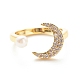 Clear Cubic Zirconia Moon Open Cuff Ring with Imitation Pearl for Women RJEW-A003-01G-2