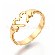 Ion Plating(IP) 304 Stainless Steel Hand Heart Cuff Rings RJEW-N038-121LG