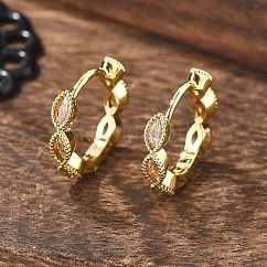 Latón micro pavimenta circonio cúbico pendientes de aro huggie, Plateado de larga duración, ojo del caballo, dorado champagne, real 18k chapado en oro, 13.5x15.5x3mm, pin: 0.8 mm