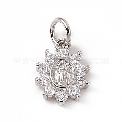 Ottone micro spianare fascino zirconi, con anello di salto,  cadmio& piombo libero, ciondolo a forma di fiore ovale con simbolo religioso della Vergine Maria, platino, 12x9x2mm, Foro: 3 mm