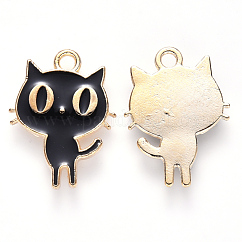 Pendentifs d'émail en alliage, forme de chat, or clair, noir, 19x14x2mm, Trou: 1.8mm