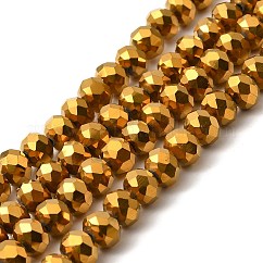 Placcare trasparente perle di vetro fili, pieno placcato, sfaccettato, rondelle, oro placcato, 8x6mm, Foro: 1 mm, circa 60~62pcs/filo, 39~40cm