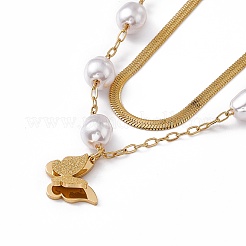Collana a doppio strato con perle finte e catene a spina di pesce&nbsp;NJEW-P269-16G
