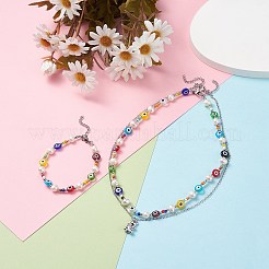 Schmuckset aus natürlichen Perlen und bösem Blick mit Bärenanhänger&nbsp;SJEW-TA00004