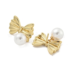 Orecchini a bottone da donna in ottone placcato con fiocco con fiocco e perle in abs&nbsp;EJEW-Z051-01G