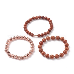 3 pièces 3 style pierre de lave naturelle et bois ensemble de bracelets extensibles perlés ronds&nbsp;BJEW-JB08350