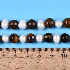 Natürliche Tigerauge rund & natürliche Süßwasser-Zuchtperlen gerillte Kartoffelperlenstränge&nbsp;PEAR-N019-10