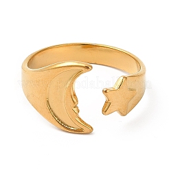 Bague ouverte en acier inoxydable 304 avec placage ionique (IP) en forme d'étoile et de lune pour femme&nbsp;RJEW-E063-07G
