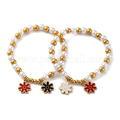 201 bracelets extensibles à perles rondes en acier inoxydable&nbsp;BJEW-C090-03G-F