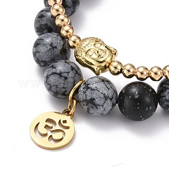 Runde geflochtene Bettarmbänder aus natürlichem Schneeflocken-Obsidian&nbsp;BJEW-JB07096