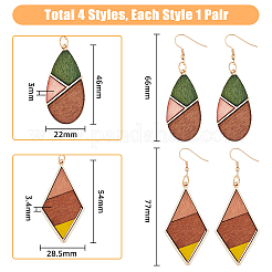 4 paio di orecchini pendenti a forma di lacrima e rombo in legno naturale di 4 colori&nbsp;EJEW-FI0001-46