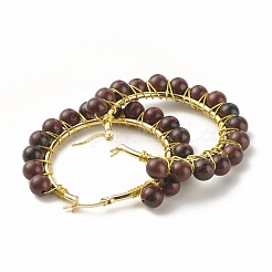 Orecchini a cerchio da donna con perline di ossidiana in mogano naturale&nbsp;EJEW-C003-03H-RS