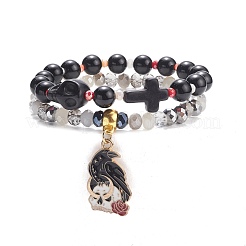 Braccialetti di fascino dello smalto della lega di Halloween di stile 2pcs 2 con la croce del cranio&nbsp;BJEW-JB08006
