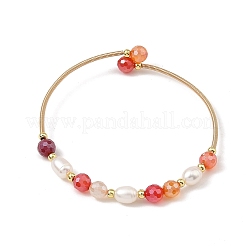 Brazaletes redondos de alambre francés de cobre con cuentas de ágata natural bandeada (teñida y calentada) y perlas de arroz.&nbsp;BJEW-JB14374-02