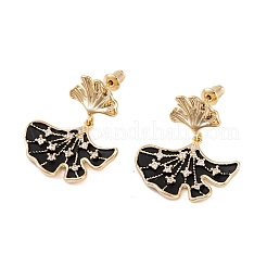 Orecchini pendenti da donna con foglia di ginkgo in ottone con pavé di zirconi trasparenti&nbsp;EJEW-G391-10G-01