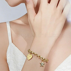 Braccialetti da donna con catena a maglie doppie a doppio anello e ciondolo a forma di cuore e stella in acciaio inossidabile 304 con chiusura a moschettone.&nbsp;WG665C4-01