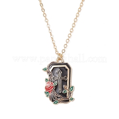 Halloween-Legierung schwarz und rot Emaille Rose Kreuz Sarg geformt Anhänger Messing Kabel Kette Halsketten&nbsp;NJEW-JN05367