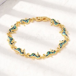 Messing Emaille türkis Seepferdchen Gliederkette Armbänder&nbsp;LS-BJEW-C118-03G