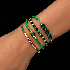 4 stücke 4 arten glas & legierung perlen stretch armbänder & imitation pu leder armbänder für frauen&nbsp;FS-WGC4F49-01