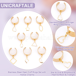 8 ensemble de 8 bagues de manchette ouvertes en acier inoxydable 304 avec breloques creuses&nbsp;RJEW-AB00002