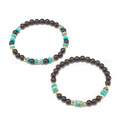 Ensemble de 2 bracelets extensibles en bois naturel et jaspe impérial&nbsp;BJEW-JB07824