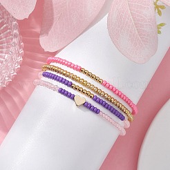 4 Stück 4-teiliges Stretch-Armband-Set aus Messingherzen und Glassamenperlen&nbsp;BJEW-JB09537